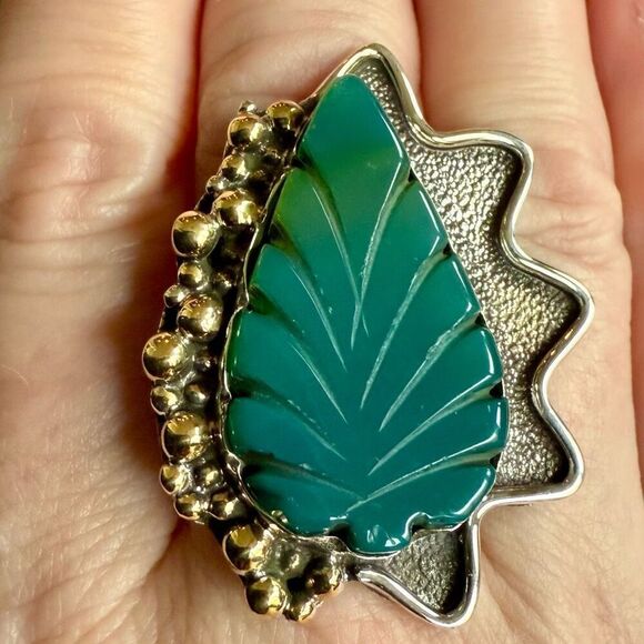 Carved Green Onyx Gemstone Sterling Silver Jewelry Adjustable Statement Ring - Picture 1 of 7